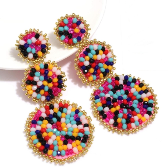 Red Beaded Triple Tier Earrings Big Bold Bohemian Holiday Statement Jewelry New - Picture 6 of 10